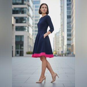 Eliza J Dress Womens 10P Blue Colorblock Fit Flare 3/4 Sleeve Knit Work Office